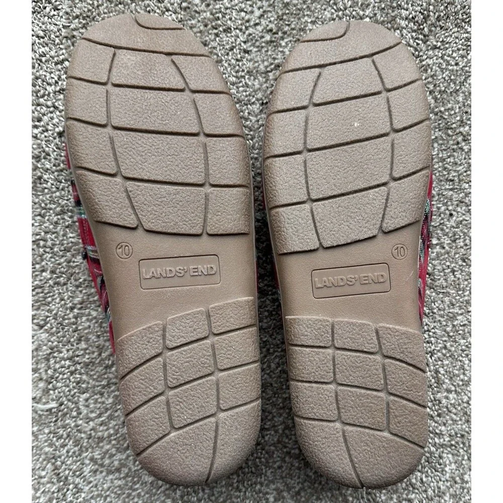 Lands’ End Red Plaid Faux Fur Lined Moccasin Slippers Men’s Size 10